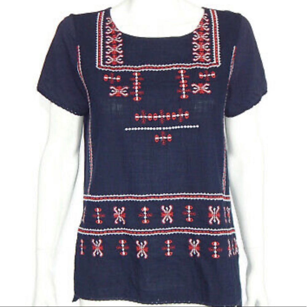 Lucky Brand Prarie Embroidered Peasant Tunic Top Blue Red White